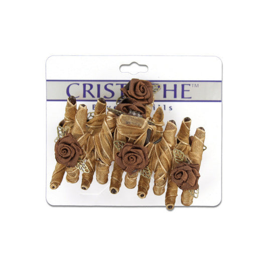 Brown Fabric-Covered Hair Claw With Flowers
