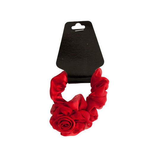 Satiny Chiffon Scrunchi With Ruffle Rose Accent