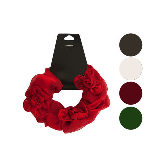 Satiny Scrunchi With Twisted Ruffle Flower Accents