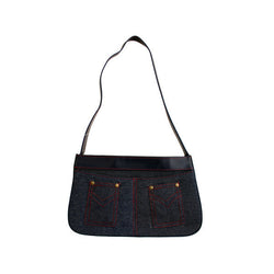 Blue Denim Handbag With Red Stitching And Pockets