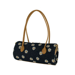 Daisy Denim Tube Handbag With Tan Handles
