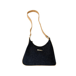 Blue Denim Handbag With Tan Handle And Trim