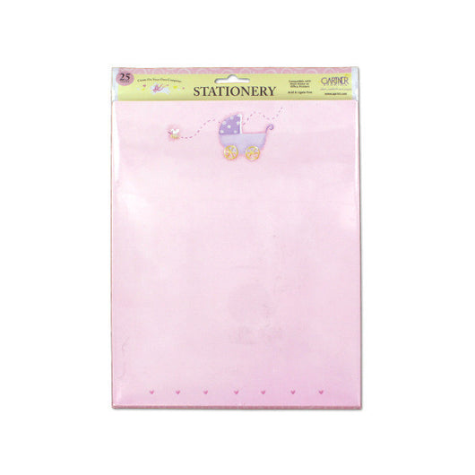 Pink Baby Stationery With Baby Carriage, Pack Of 25 Sheets